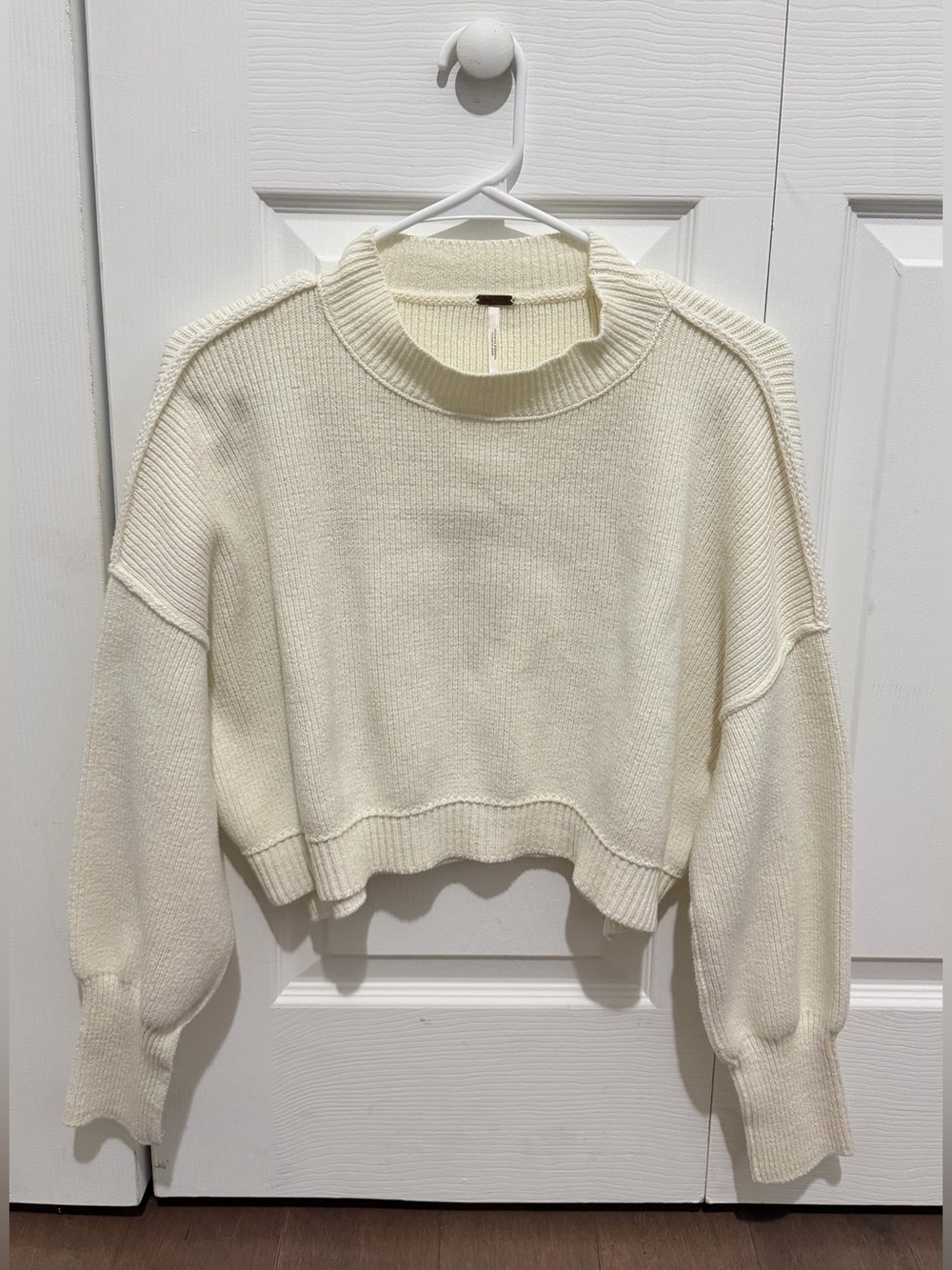 Free People Cream Cropped Crewneck Sweater